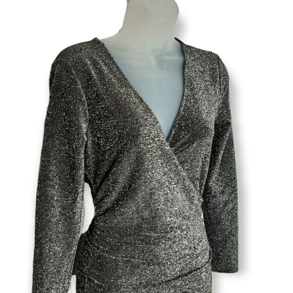 Leith Silver Metallic Long Sleeve Wrap Bodycon Dress sz S - Picture 7 of 10
